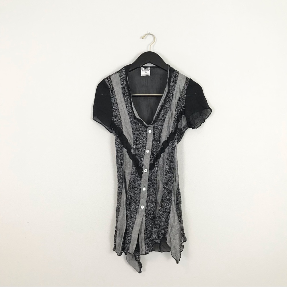 Vintage Chanel Boutique Top Black Silver Silk Metallic